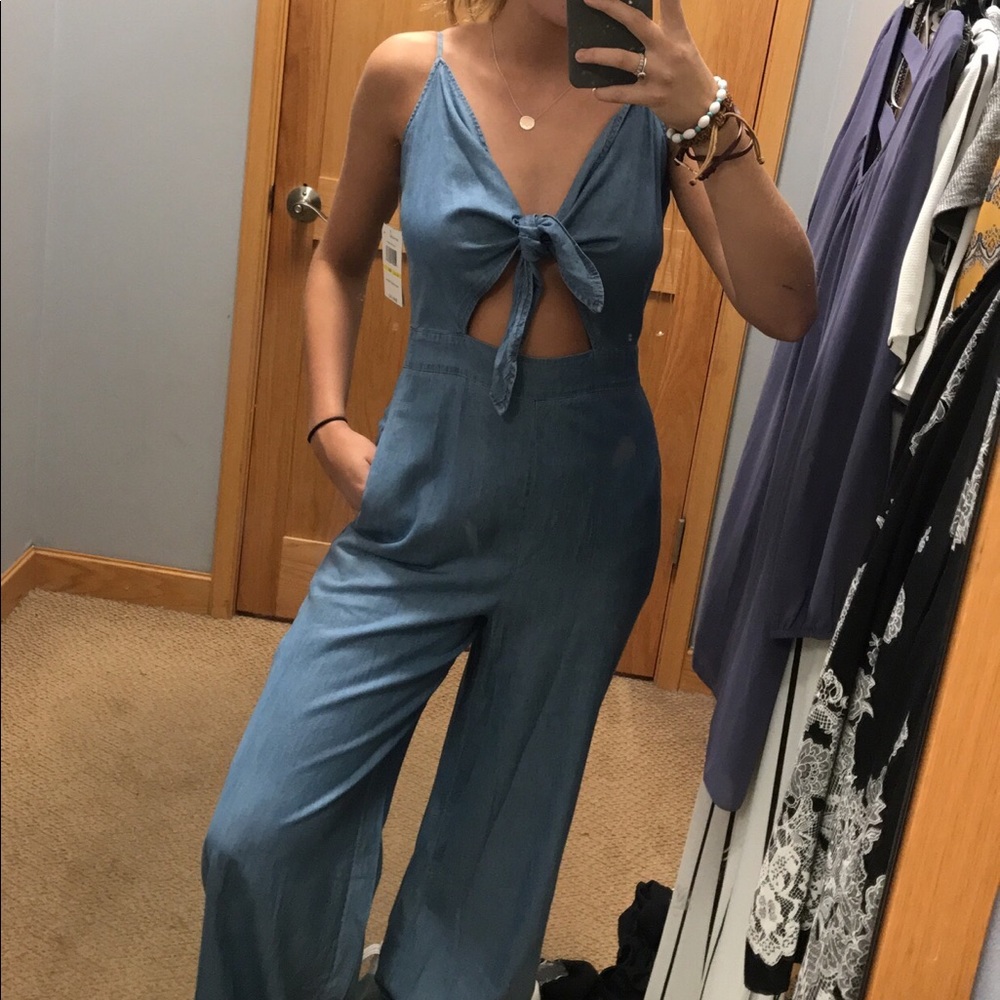 Blue front tie jump suit